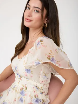Floral Chiffon Flounce Sleeve Shirred Midi Dress Medium thumbnail 5