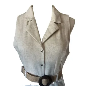Love Tree Women's Beige Sleeveless Button-Front Belted Midi Shirt Dress M boho thumbnail 2