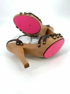 Betsey Johnson VTG platform wooden brown textured faux-snakeskin sandal heel thumbnail 5