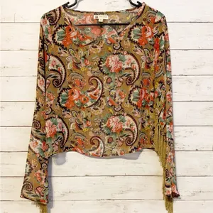 Boho-Chic Cotton Candy Paisley Fringe Top – Size Large thumbnail 2