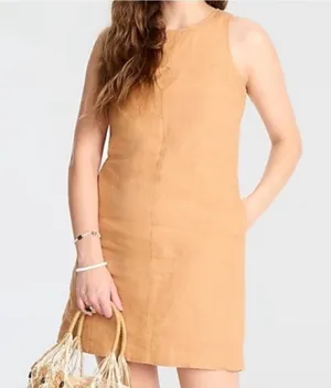 J. Crew Button-back linen shift dress tan brown‎ Sz M thumbnail 1