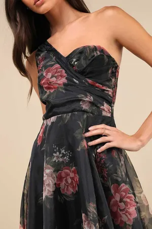 New Lulus Black Floral Organza One-Shoulder Maxi Dress Size XL MSRP $138 thumbnail 6