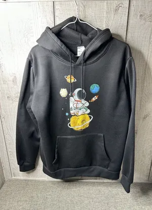 Womens Small Black Outer Space Astronaut Planets Rocket Hoodie Sweatshirt Pocket thumbnail 1