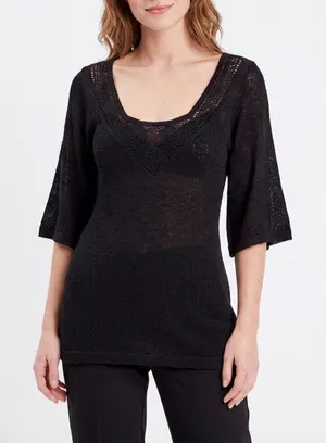 White House Black Market Black Crochet Lace Knit Tunic Top Elbow Sleeve Medium thumbnail 1