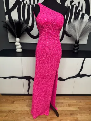 Sherri Hill 54330 Neon Pink Sequin One Shoulder Gown High Slit Women's Dress thumbnail 4
