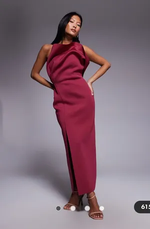 Burgundy ASOS Dress bridesmaids wedding guest bridesmaid maxi dress petite open back side slit thumbnail 1