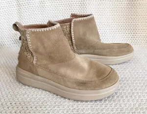 Hey Dude Mel Suede Ankle Boots Beige Sand Woven Panel Women Size 7 38 thumbnail 1