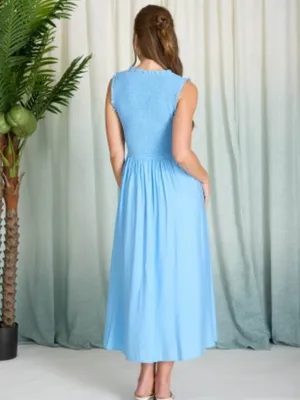 Light Blue Smocked Midi Dress V-Neck Button Front Ruffle Small thumbnail 3