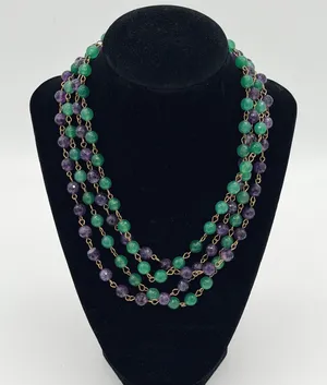 Purple Green faceted Bead 2 Necklace Set Layered Boho Statement Gold Tone 34" thumbnail 1