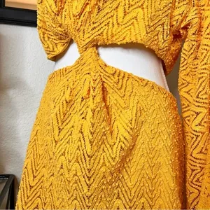 RAMY BROOK‎ Henrietta Dress Yellow Textured Size Large NWT Cutout Flare Sleeve thumbnail 4