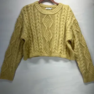 Lush Crop Cable Knit Chunky Sweater Women M‎ Wool Blend Pale Yellow Costal Cozy thumbnail 1