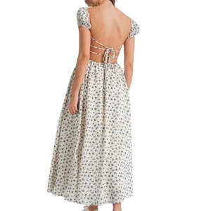 MABLE Analise Floral Smocked Open Back Lace Up‎ Maxi Dress Cream Blue Size Small thumbnail 2