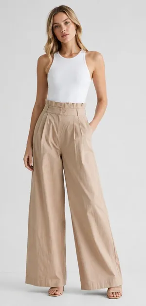 Express Womens Tan Khaki High Waisted Wide Leg Paperbag Trousers‎ 8R thumbnail 1