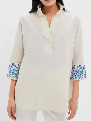 Tuckernuck Tan Floral Cuff Cotton Linen Willow Blouse size XS thumbnail 1