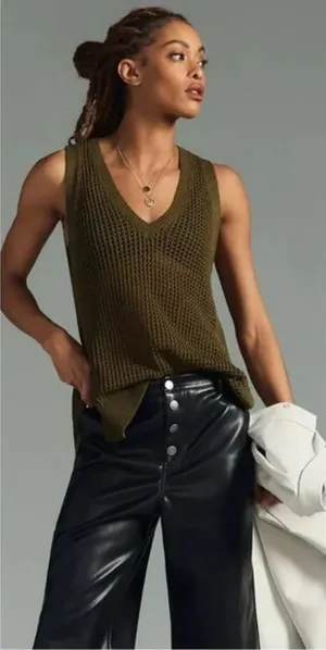 Anthropologie Olive Mesh Knit Top Size Small thumbnail 1