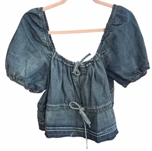 Ganni‎ Denim Puff Sleeve Top in Tint Wash Size S/M Feminine Cottage core thumbnail 1