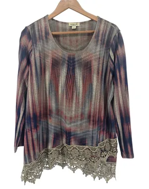 One World Tunic Top Womens L Multicolor Boho Crochet Lace‎ Hem Long Sleeve Scoop thumbnail 1