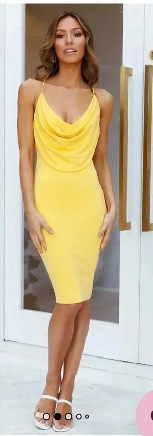 NWT Hello Molly Yellow Cowl Neck Midi Dress Open Back ST2605D XS US 2 thumbnail 1