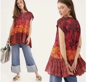Free People Boho Red Warm Tones "Gotta Have‎ You" Tiered Tunic Blouse Size XS thumbnail 2