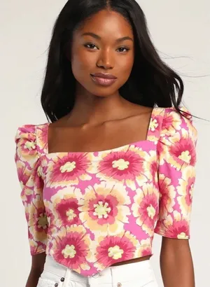 FREE PEOPLE Give Me‎ More Floral Crop Top Puff Sleeve Crisscross Back Small thumbnail 1