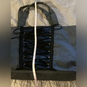 Victoria's Secret Dark Grey Denim Lace Corset Pink satin handbag purse tote bag thumbnail 8