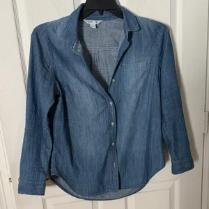 Chambray Button-Up Shirt in Medium Blue old navy small oversized thumbnail 1