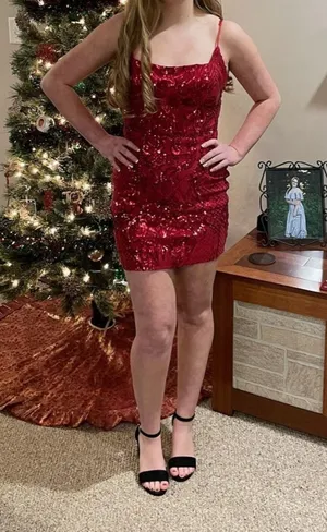 B. Darlin' Solid Red Sequin Spaghetti Strap Short Homecoming Dress 3/4 thumbnail 1