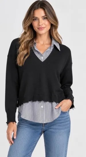 J. Society Layered Sweater Shirt S Black V-Neck Striped Collar Distressed Hem thumbnail 1