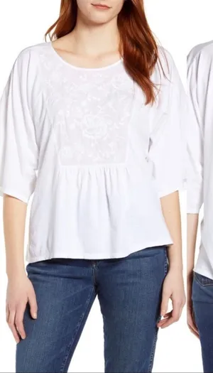 Nordstrom White Cotton Flowy Lightweight Embroidered Boho Peasant Top S new thumbnail 1