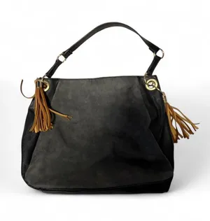PRIMARK Mixed Media Slouchy Hobo Bag Black Faux Suede Leather Brown Tassels thumbnail 1