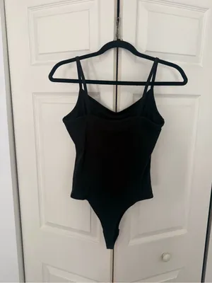NWT Madewell Ribbed Cami Thong Bodysuit Black Simple Basic Bodysuit Medium thumbnail 10
