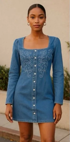 Avec Les Filles Western Embroidery Long Sleeve Straight Neck Denim Mini Dress thumbnail 1