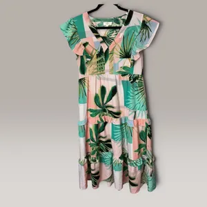 Entro Tropical Palm Leaf Print Ruffle Tiered Midi Dress V-Neck Green Pink S thumbnail 2
