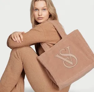 Victoria's Secret Sherpa Tote Bag with leather logo thumbnail 1