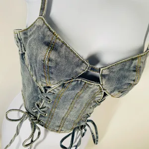PrettyLittleThing Petite denim lace-up corset top thumbnail 1