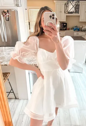 Selfie Leslie White Puff Sleeve Mini Dress Size Large AU 12 thumbnail 1