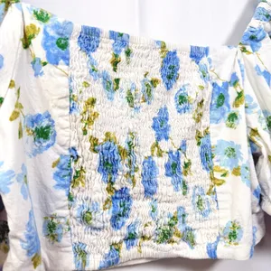 Zara Linen Blend Floral‎ Crop Top Puff Sleeve Smocked White Blue Women's M thumbnail 8