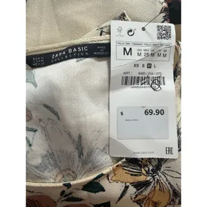 ZARA Floral Cream Brown Striped Hem 3/4 Sleeve‎ Shift Mini Dress NWT $70 Medium thumbnail 9