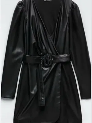 Zara Black Faux Leather Wrapped Belted Jacket thumbnail 2
