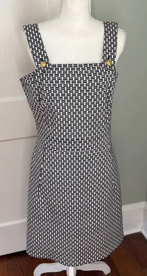TORY BURCH Cameron Suspenders Ivory Navy Dress Knee Length Sleeveless Size 14 thumbnail 1