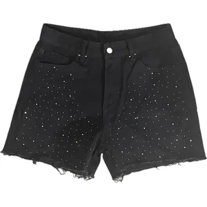NWOT Black Rhinestone Studded Denim Shorts High Waist Raw Hem Medium thumbnail 1