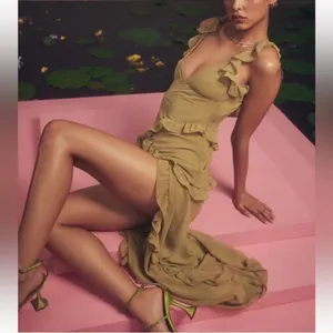 NWOT HOUSE OF CB 'Pixie' Olive Ruffle Maxi Dress sz XL thumbnail 3