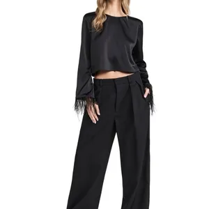 WAYF Black Satin Feather Trim Long Sleeve Crop Top Women's Size‎ S NWT Shopbop thumbnail 2