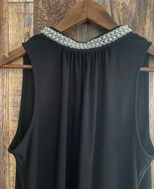 White House Black Market women's black tank top with pearl beads on neck thumbnail 3