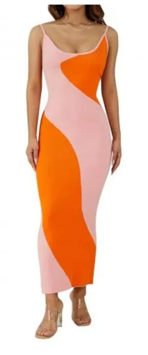 Boutique Knit Orange Pink Colorblock Sleeveless Maxi Dress Size Medium thumbnail 1