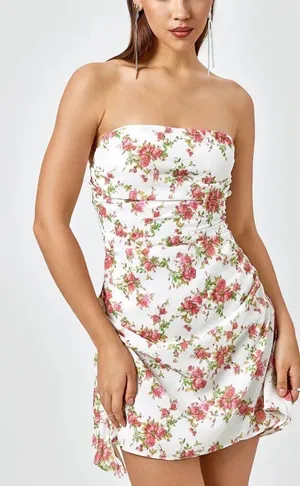 Mini Dress Y2K Strapless Size M Floral Print White Pink thumbnail 1