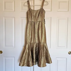 Mestiza New York Jody Metallic Gold Tweed‎ Square Neck Flutter Hem Midi Dress 2 thumbnail 3