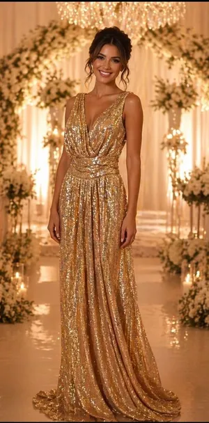 Gold Sequin Draped V-Neck Maxi Dress thumbnail 1