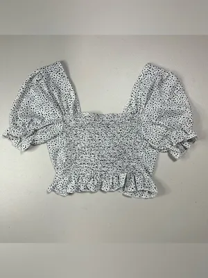 SHEIN White Black Polka Dot Ruched Tie Front Puff Sleeve Crop Top Size M thumbnail 3