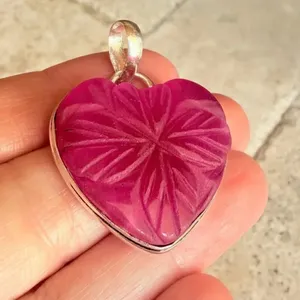 Carved Ruby Heart Clover Pendant 925 Silver Overlay Red thumbnail 6